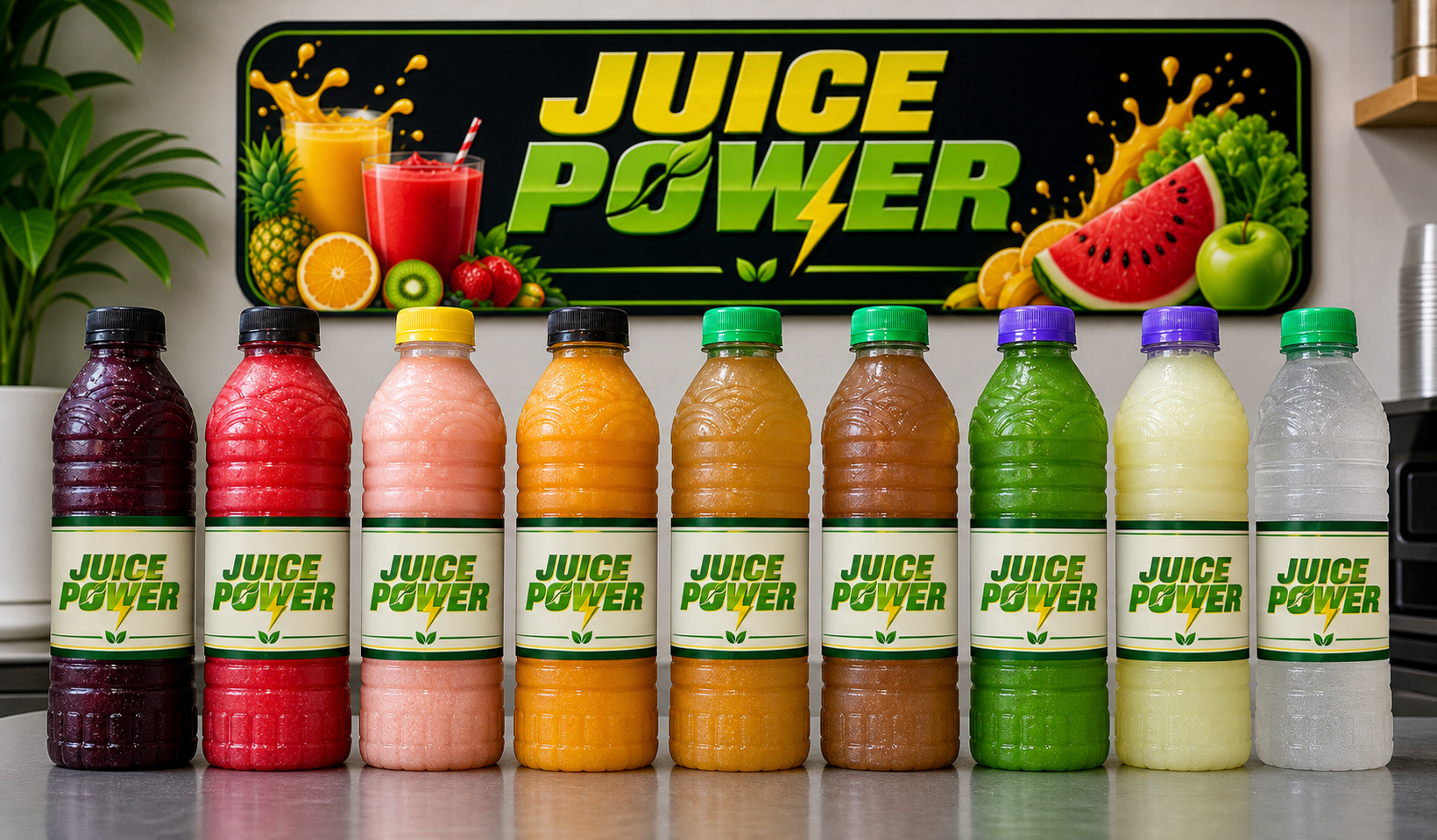 Juice Power bottles with light standard brand labels